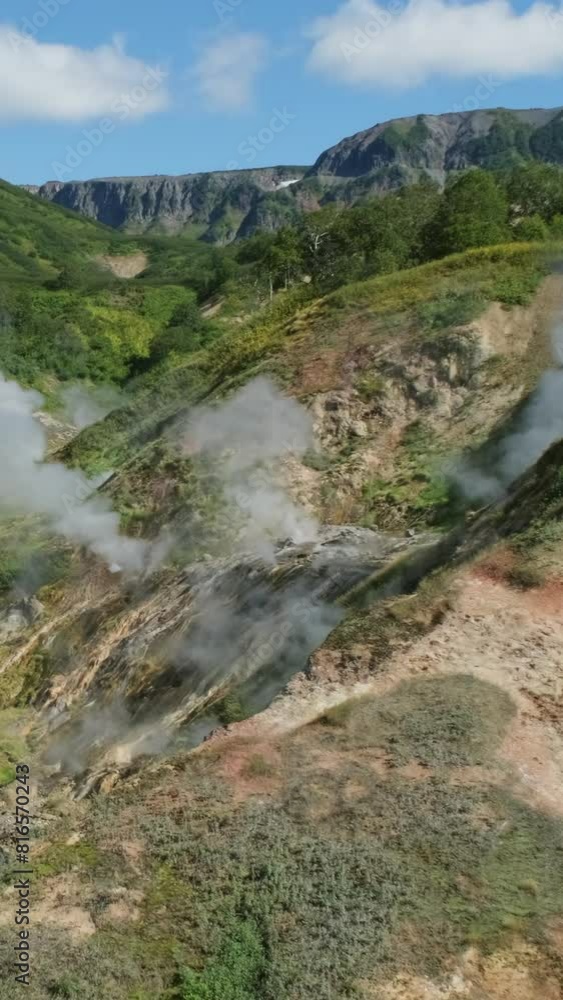 Hot springs and fumaroles in famous Valley of Geysers, Kamchatka peninsula, Russia. Vertical video Hot springs and fumaroles in famous Valley of Geysers, Kamchatka peninsula, Russia. Vertical video