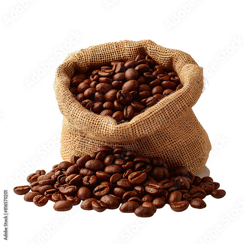 Bag with full of coffee beans isolated on transparent background with clipping path.