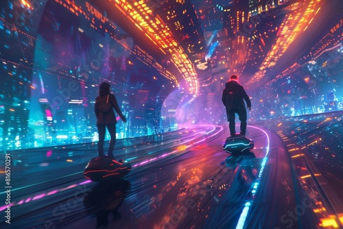 Friends sharing a futuristic hoverboard ride, neon city backdrop, dynamic and energetic, cyberpunk theme, digital art