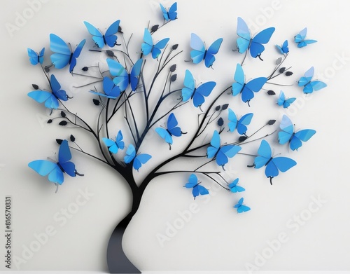 Wall art of a tree with blue butterflies on it against a white background.