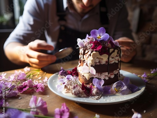 A chef carefully decorates a plated dessert with edible flowers.