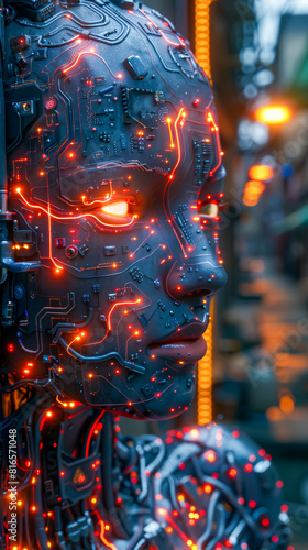 Cybernetic AI brain interface intricate circuit patterns