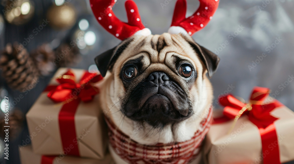Cute pug dog in Christmas deer horns with gift boxes o