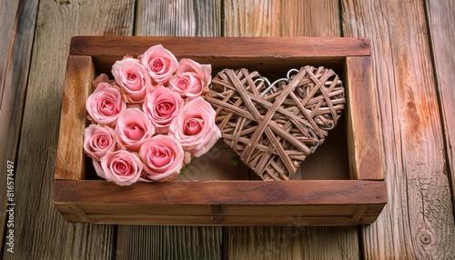 Valentine s Day is right around the corner with a charming display of pink roses adorning a rustic wooden hearth nestled in a quaint wooden box