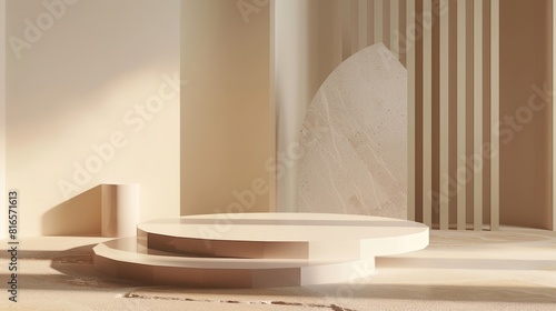Minimalist podium with beige and cream colors, background for luxury organic cosmetic, skin care, beauty treatment product display 3D. Perfect for elegant and sophisticated presentations.