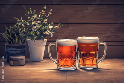 An illustration shows two mugs of beer, embodying a spontaneous gesture, lowbrow art, cartelcore, and a warm color palette. photo