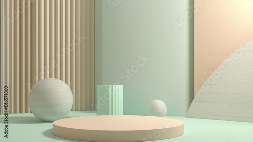 Modern Beige and Green Podium with Stylish Background for Luxury Organic Cosmetic  Skin Care  Beauty Treatment Product Display 3D. Perfect for Branding and Advertising.