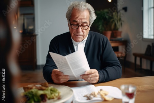 senior man sitting at table at home reading a paper