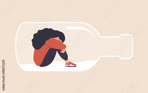 Alcoholism concept. Depressed Woman sitting on bottom of bottle and hugging her knees. Girl with Pernicious Habits Addiction and Substance Abuse. Vector illustration in flat cartoon style.