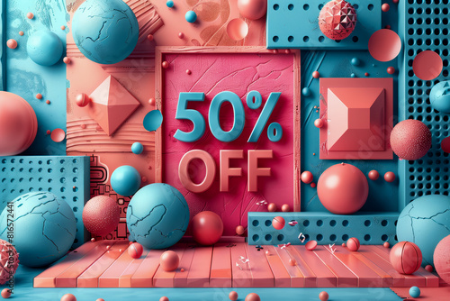 Vibrant abstract sale banner featuring a bold  50 percent off  text  with dynamic splashes of color and geometric shapes.