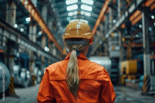 rofessional Heavy Industry Engineer/Worker Wearing Safety Uniform and Hard Hat Uses Tablet Computer. Serious Successful Female Industrial Specialist Walking in a Metal Manufacture Warehouse 