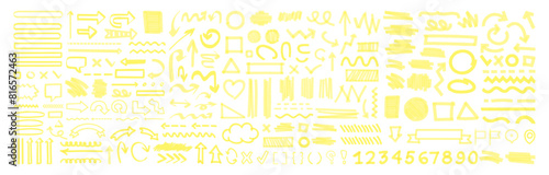 Hand drawn marker strokes. Yellow marker stroke lines, markers stripes and highlight elements, permanent marker signs