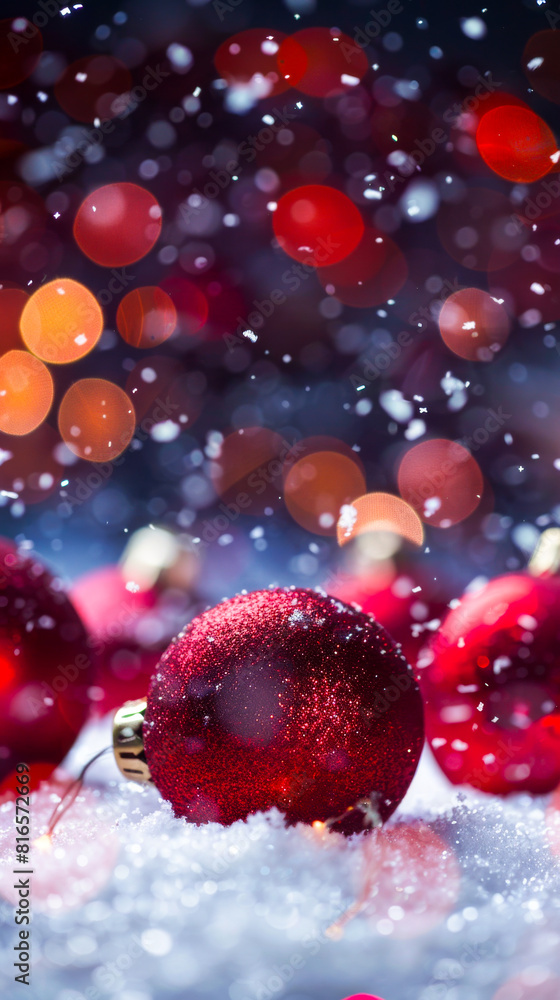 Fototapeta premium Decorative Christmas Border with Snow and Red Balls 