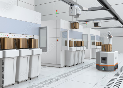 Semiconduct Wafer Cleaning, Etching system and OHT, AGV in Fab cleanroom. Generic design. 3D rendering image.