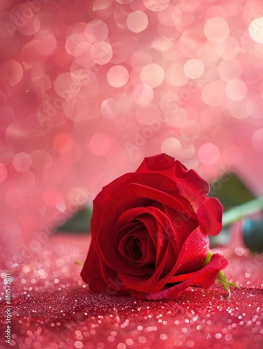 A single red rose on the table against a Valentine s Day background with a blurred background and pink tone.