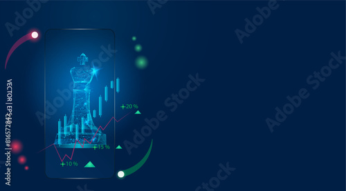 Mobile with chess drawings and charts with profit. Trading strategy, investment, business, financial, trade. Low poly business background.