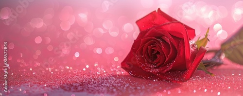 A single red rose on the table against a Valentine s Day background with a blurred background and pink tone.