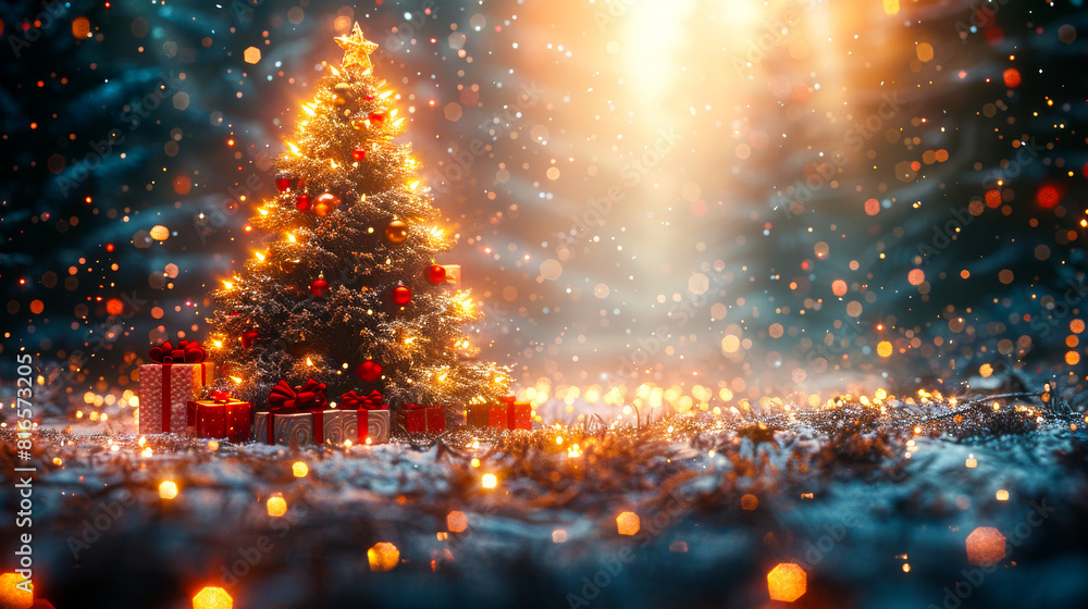 Snowy Background with Christmas Tree and Lights
Snowy Background with Christmas Tree and Lights
