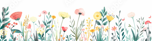 Watercolor illustration of various wildflowers in bloom with green foliage, set against a white background.