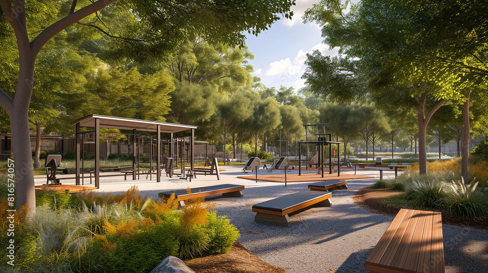 Outdoor fitness park. An open space with outdoor exercise equipment and shaded areas Outdoor fitness park. An open space with outdoor exercise equipment and shaded areas