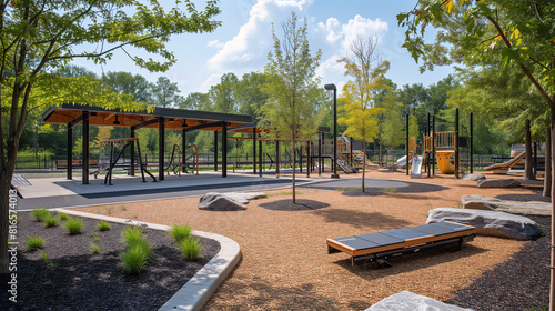 Fototapeta Naklejka Na Ścianę i Meble -  Outdoor fitness park. An open space with outdoor exercise equipment and shaded areas