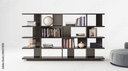 A contemporary bookshelf with adjustable shelves and a glossy finish, standing against a white backdrop, ready to display books and decor. © Sajawal