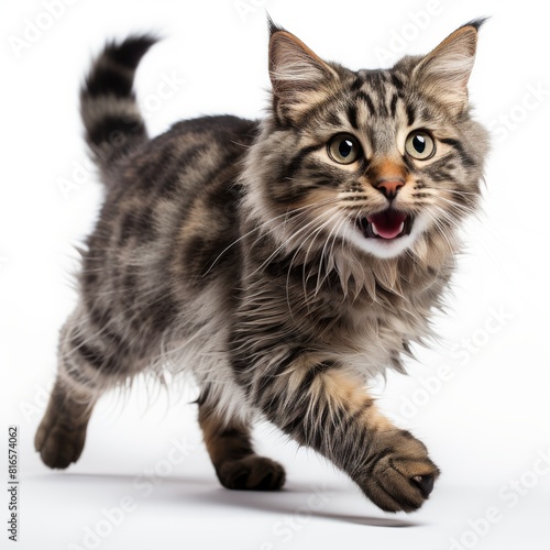 A cute kitten running on a white background.