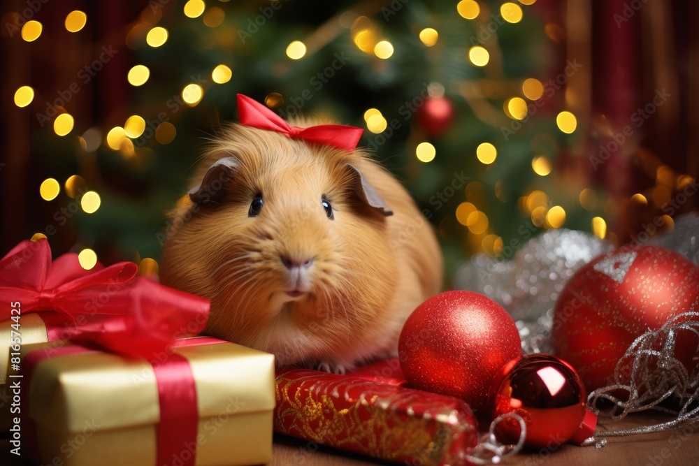 Obraz premium Photo A guinea pig adorned in festive attire sits by the Christmas tree in anticipation of the New Year