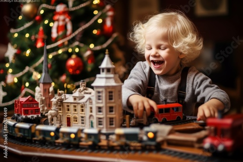  Photo A joyful albino boy plays with a toy train set around the Christmas tree, filled with excitement