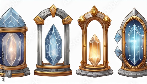 Vintage glass or gemstone crystal portals isolated on white background. Modern cartoon illustration of witchcraft supply, fortune telling instrument in golden, silver, or wooden frames