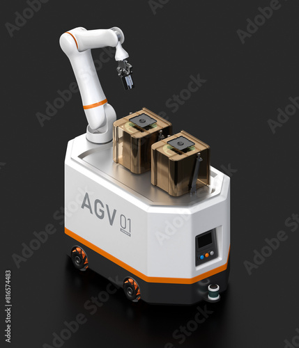 AGV for Semiconductor Fab with Foup on black background. Isometric view. Generic design. 3D rendering image.