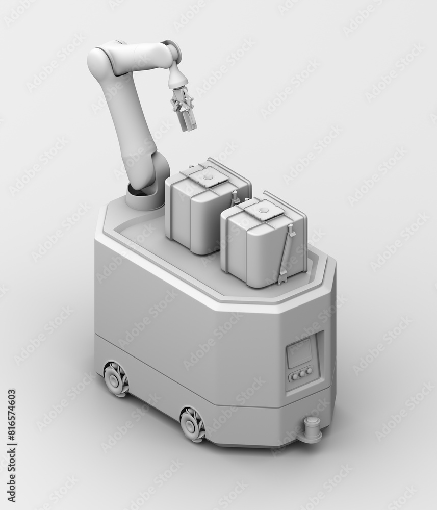 Clay rendering of AGV carrying Semiconductor Foup on gray background. 3D rendering image. Clay rendering of AGV carrying Semiconductor Foup on gray background. 3D rendering image.