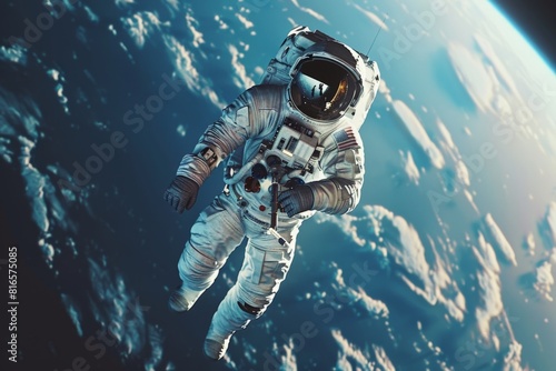Astronaut in space with helmet floating in front of the Earth
