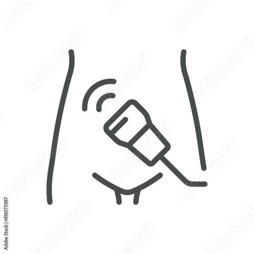 Abdominal Ultrasound Icon. Vector Line Illustration of Abdominal Ultrasound Procedure with Transducer Scanning Abdomen. Isolated Outline Medical Sign.