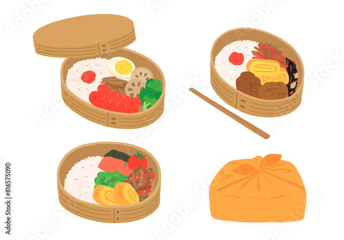 曲げわっぱ弁当箱の手描きイラストセット（カラー/主線なし）