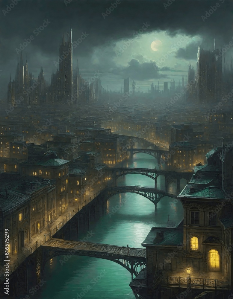 cityscape under a greenish-yellow sky, Generative AI. cityscape under a greenish-yellow sky, Generative AI.