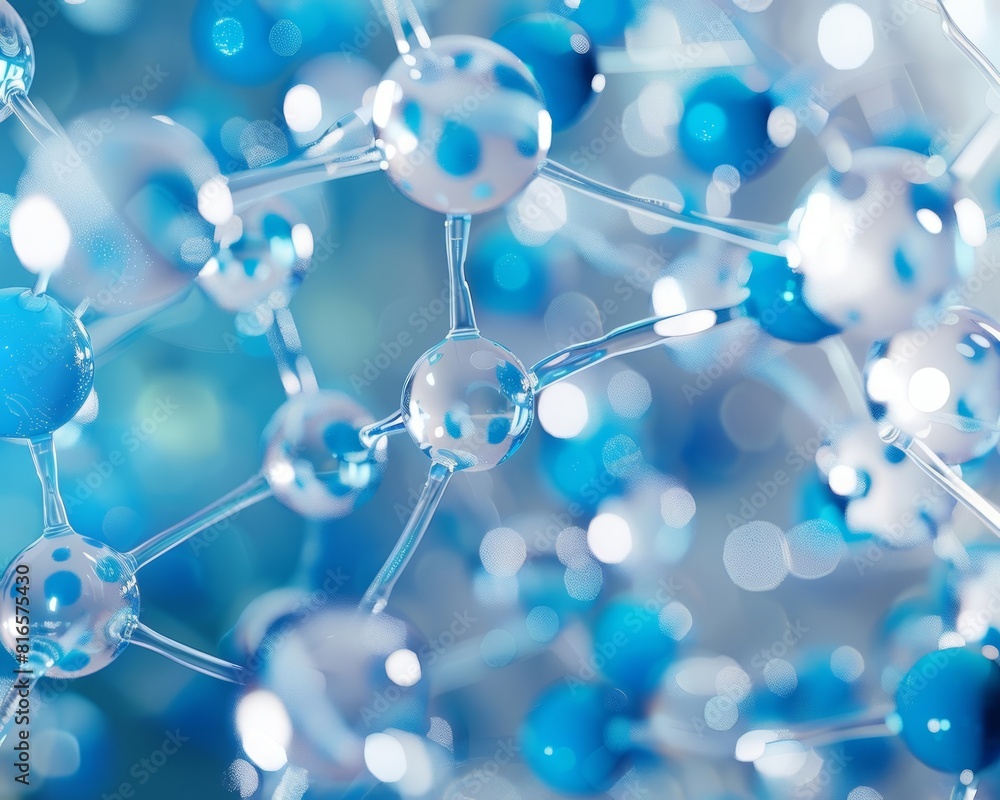 An abstract design of water molecules, depicted as blue and white orbs connected with shimmering lines, suitable for a spa or wellness center decor An abstract design of water molecules, depicted as blue and white orbs connected with shimmering lines, suitable for a spa or wellness center decor