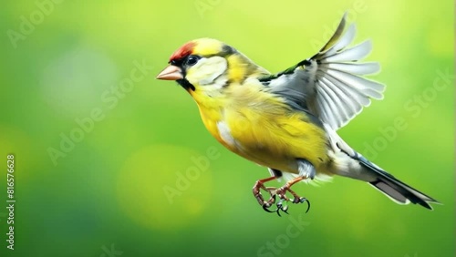 A goldfinch flying in the mid-air with soft yelowish green background photo