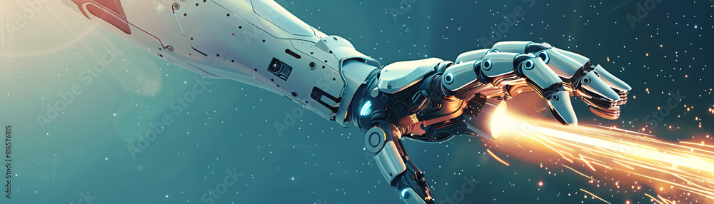 In a striking minimalist composition, a hand robot AI is depicted alongside a space rocket launching into the vast expanse of the cosmos. The simplicity of the background enhances the focus on the In a striking minimalist composition, a hand robot AI is depicted alongside a space rocket launching into the vast expanse of the cosmos. The simplicity of the background enhances the focus on the