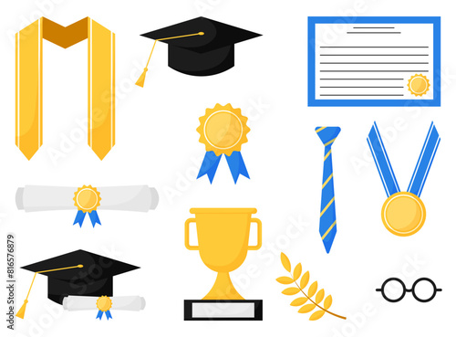 Set of graduation elements icon of education collage student sticker decoration illustration