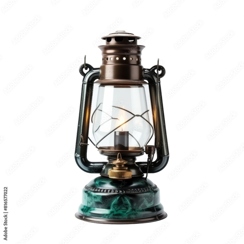 Antique Brass Oil Lamp Illuminated in Isolated Setting. Antique Brass Oil Lamp Illuminated in Isolated Setting.