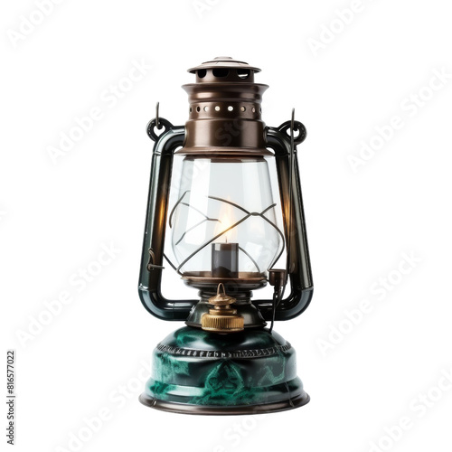 Antique Brass Oil Lamp Illuminated in Isolated Setting.