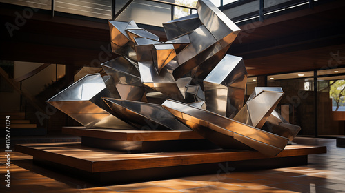 A Stunning Metal Sculpture Adorning a Room with Warm Wooden Floors, Adding a Touch of Modern Elegance to any Space photo
