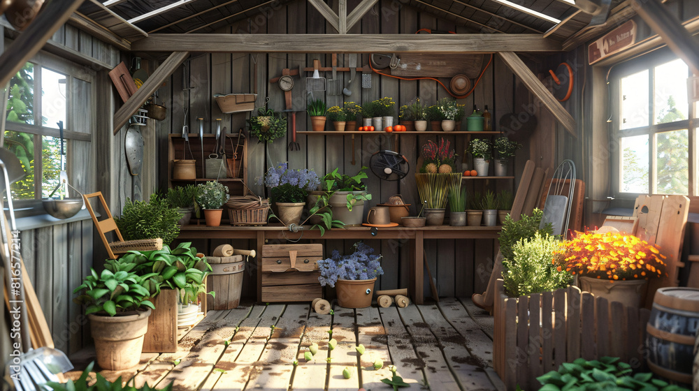 Different gardening supplies in barn