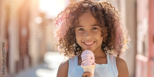 Girl with Curly Hair Delighting in Ice Cream on Bright City Street. Concept Street Photography  Ice Cream Delight  Curly Hair  Bright Urban Scene  Joyful Moments