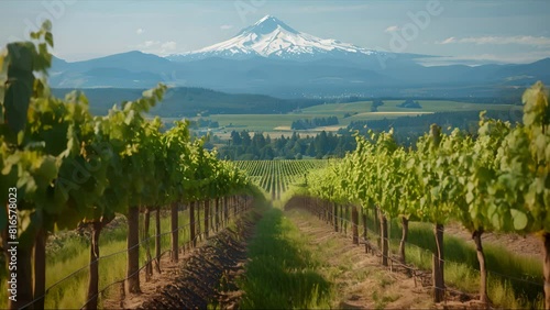 Serene beauty of vineyards in the USA, styled traditionally and framed against a stunning mountainous background. Rows of lush grapevines bathed in sunlight, with the majestic mountains photo