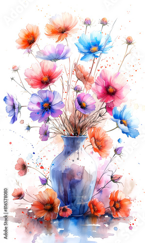 Vase with flowers. Watercolor painting.