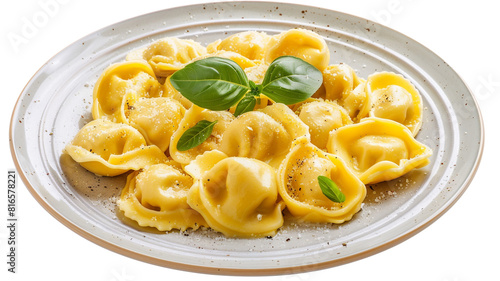 Cheese creamy tortellini pasta on plate isolated on white background