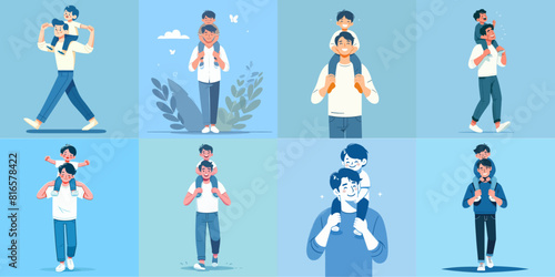 Happy Father   s Day concept vector illustration. Dad carry his son on shoulder in flat design.