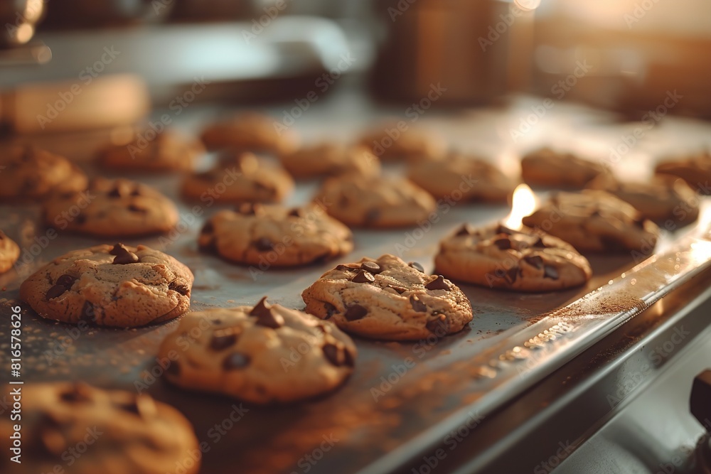 Freshly baked chocolate chip cookies cooling on a baking sheet in a bustling kitchen environment Freshly baked chocolate chip cookies cooling on a baking sheet in a bustling kitchen environment
